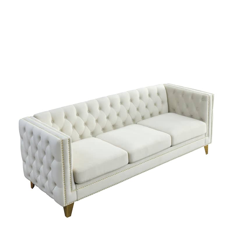 Classic Chesterfield Velvet Sofa, Tufted with Nailhead Trim, 3-Seater Couch with Metal Legs for Bedroom or Living Room
