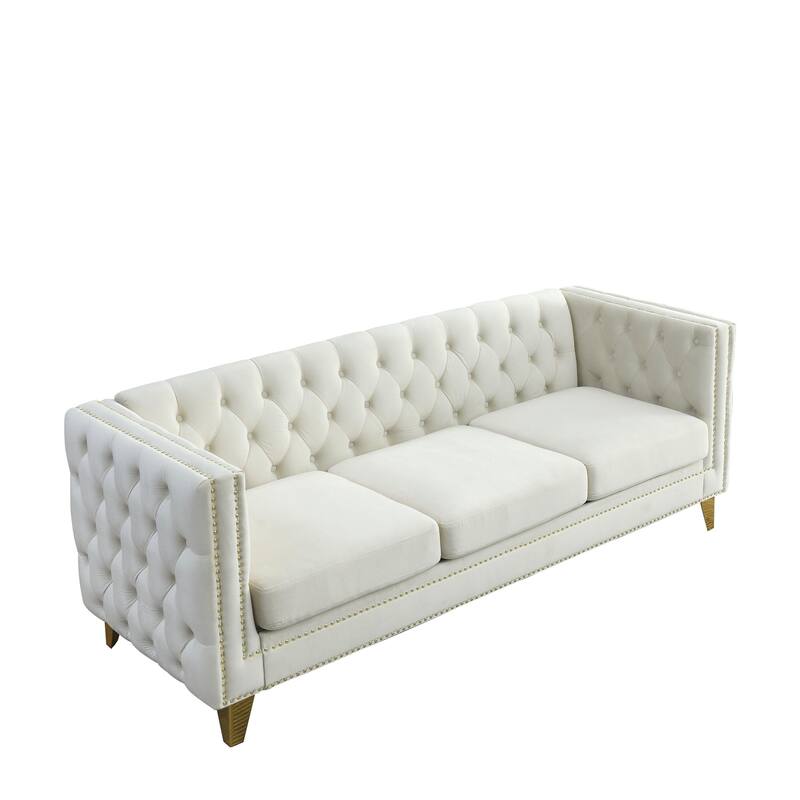 Velvet Chesterfield Sofa, Button Tufted Upholstered 3 Seater Couch, Deep Seat Couch with Nailhead Trim & 2 Throw Pillows
