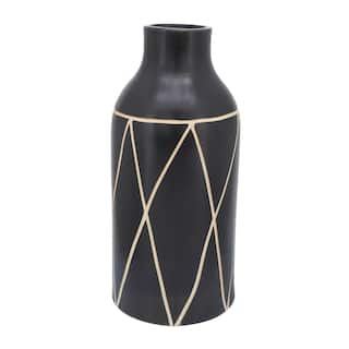 16"Hx7" Diameter Ceramic Tribal Vase, Black Finish and White Details, Tall Decorative Vase for Home Decor, Centerpieces,