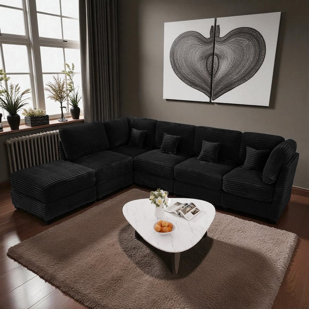 123" Modular U-Shaped Sectional Sofa Couch, 6-Seater Deep Seat Plush Corduroy Sofa Bed Chaise for Living Room