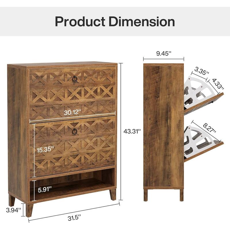 Shoe Cabinet with 2 Flip Drawers for Entryway with Wooden Legs Adjustable Shelves
