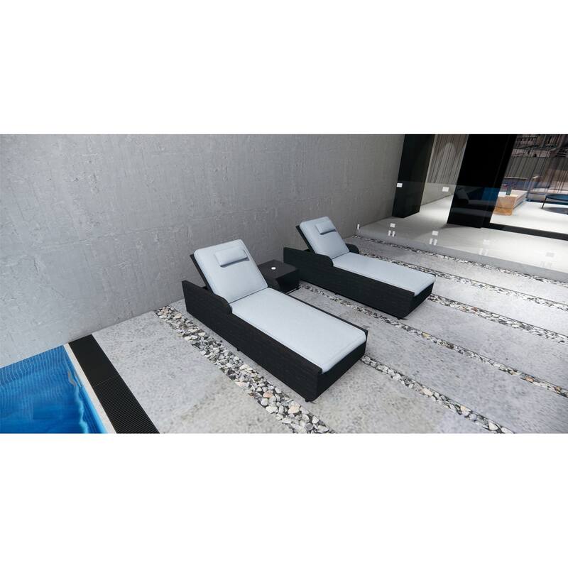 3-Pieces Outdoor Aluminum Adjustable Wicker Chaise Lounge Set