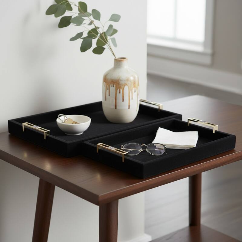 Wood Decorative Trays Metallic Handles (Set of 2) - 17/20" Black - 20.0" - Black - 20.0"