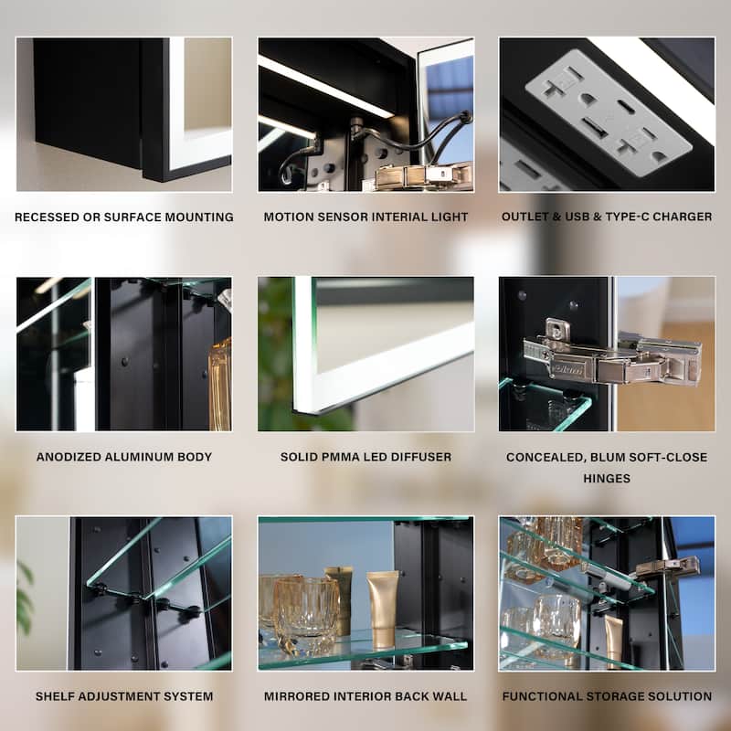 30'' H Recessed Or Surface Wall Mounted LED Mirror Cabinet With Mirror And Adjustable Shelves,Black Frame