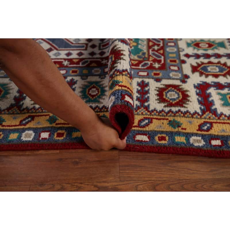 Geometric Kazak Area Rug Hand-Knotted Blue Oriental Wool Carpet - 8'10" x 11'8"