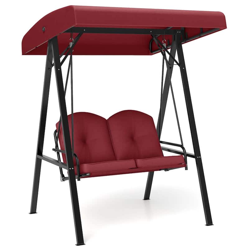2-Person Porch Swing Outdoor Loveseat Swing w/ Canopy & Metal Frame - Wine