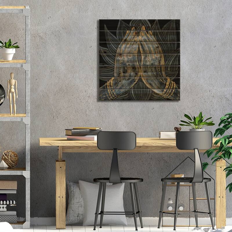 Lotus Prayer Print On Wood by Mishel Schwartz - Multi-Color