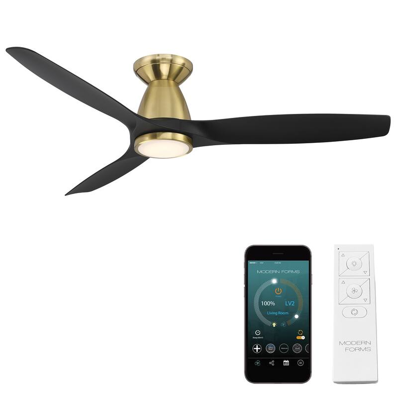 Skylark Flush Indoor Outdoor 3-Blade Smart Flush Mount Ceiling Fan 54in with 3000K LED and Remote Control - 54 - Soft Brass/Matte Black