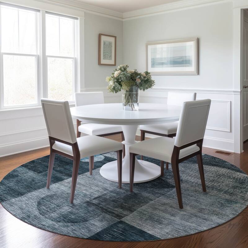Machine Washable Indoor/ Outdoor Abstract Geo Chantille Rug - Teal - 8' x 8'