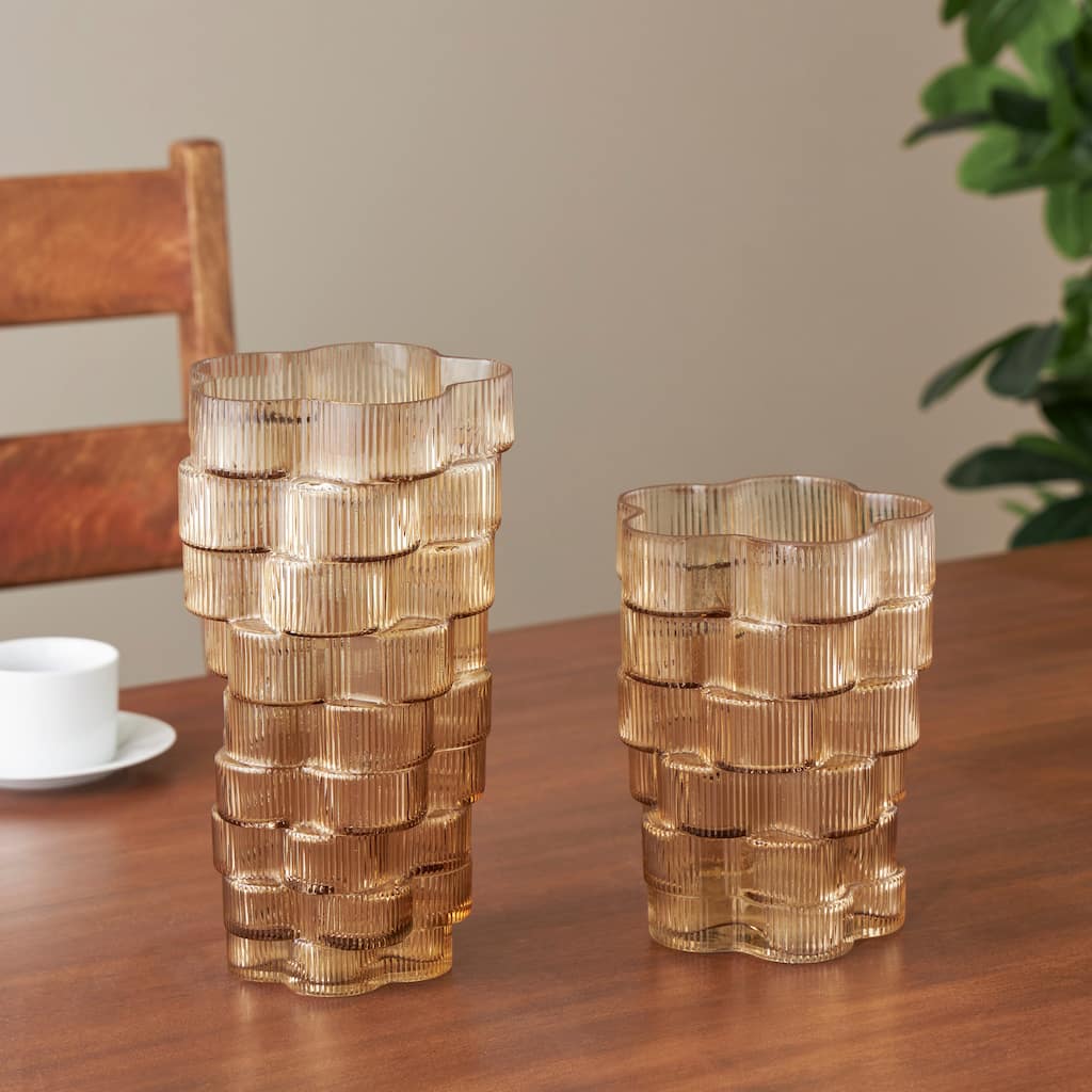 Brown or Blue Glass Ribbed Stacked Flower Vase (Set of 2)