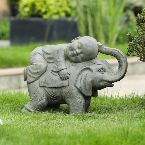 Grey MgO Buddha Monk and Elephant Garden Statue
