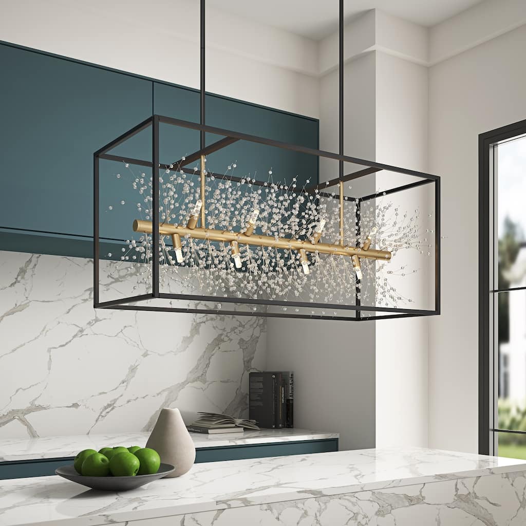 Farmhouse 12-Light Rectangle Metal Frame Kitchen Island Chandelier with Crystal Branch Inside
