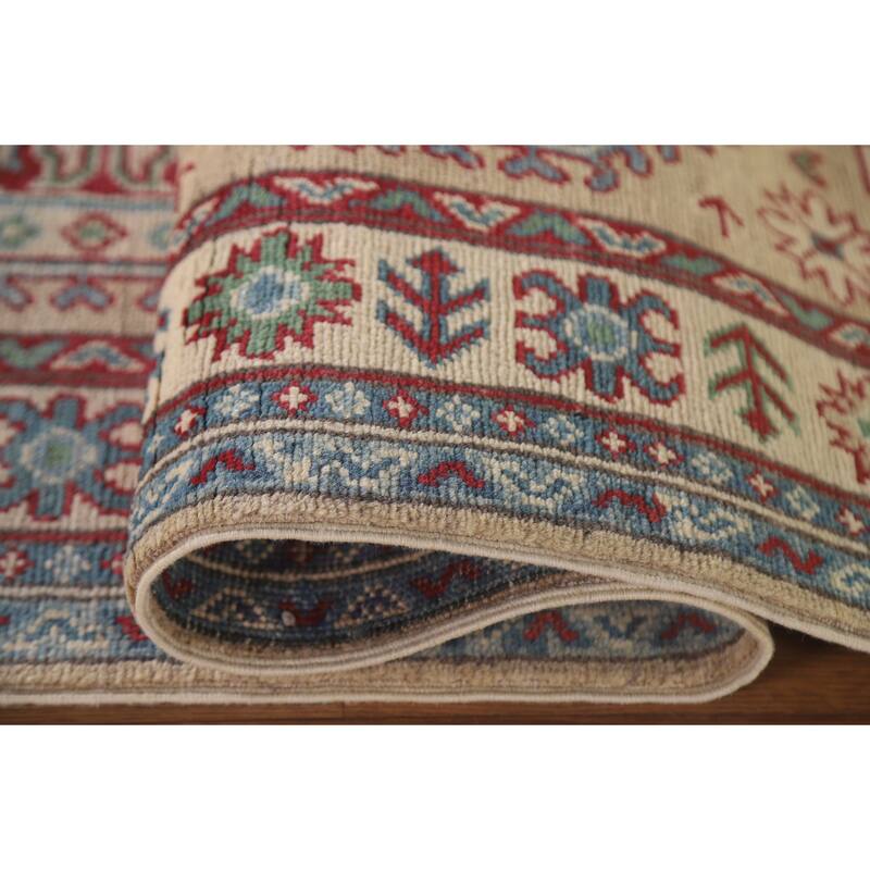 Hand Knotted Oriental 100% Wool Carpet Traditional Geometric Beige & Ivories Kazak Runner Rug - 12' 9'' X 2' 9''