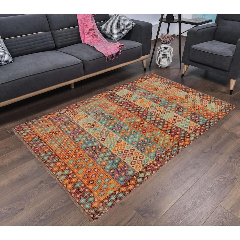 Eclectic Balochi Mejia Blue/Maroon Hand Knotted Wool Rug - 3'6'' x 5'2''