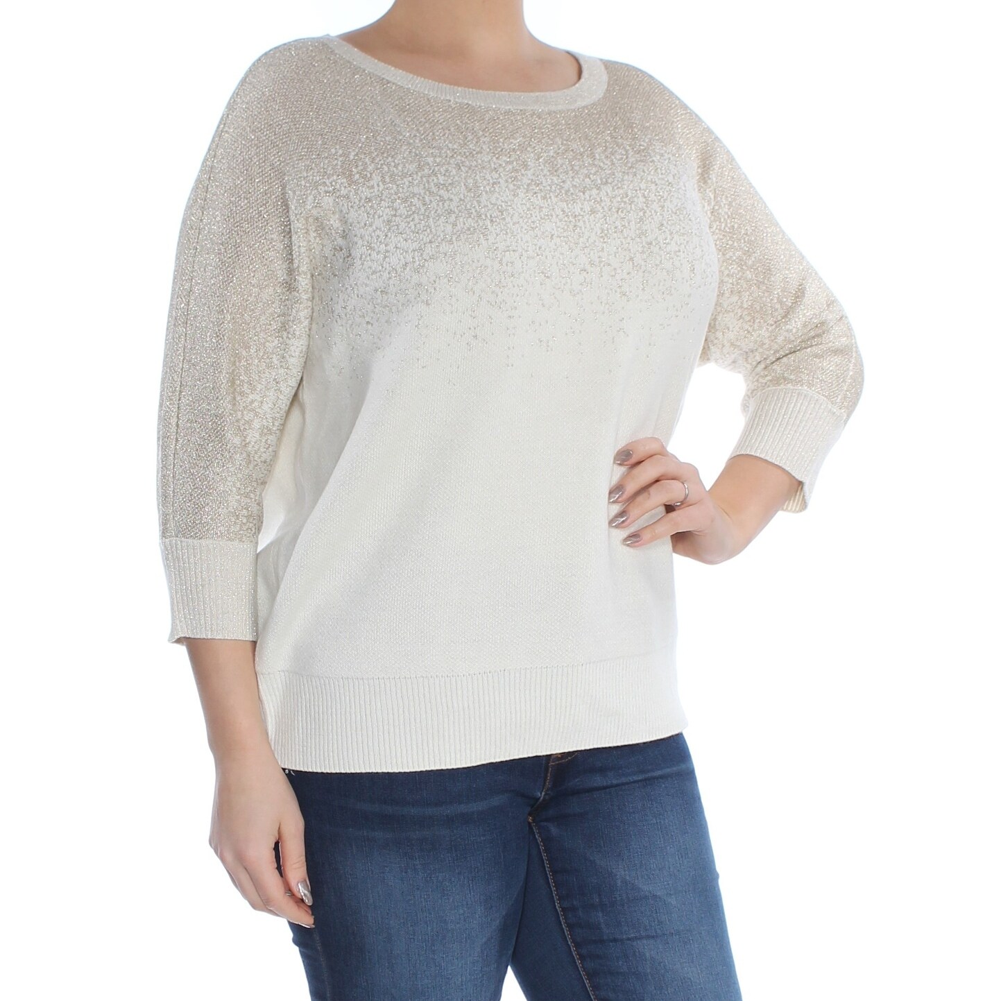 Shop Charter Club Womens Ivory Glitter Dolman Sleeve Jewel Neck