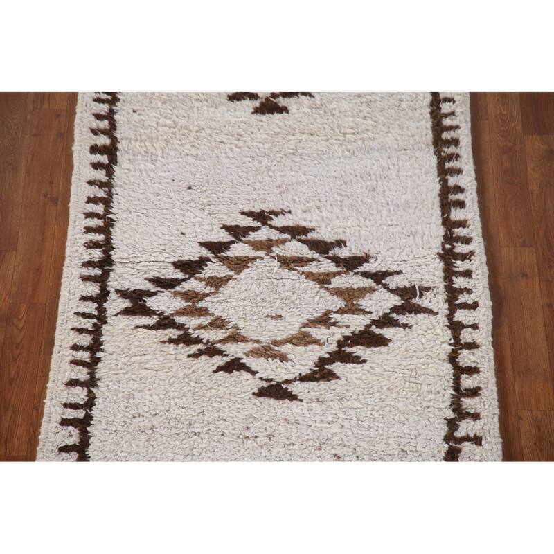 Geometric Anatolian Turkish Runner Rug Handmade Hallway Wool Carpet - 3'4"x 11'3"