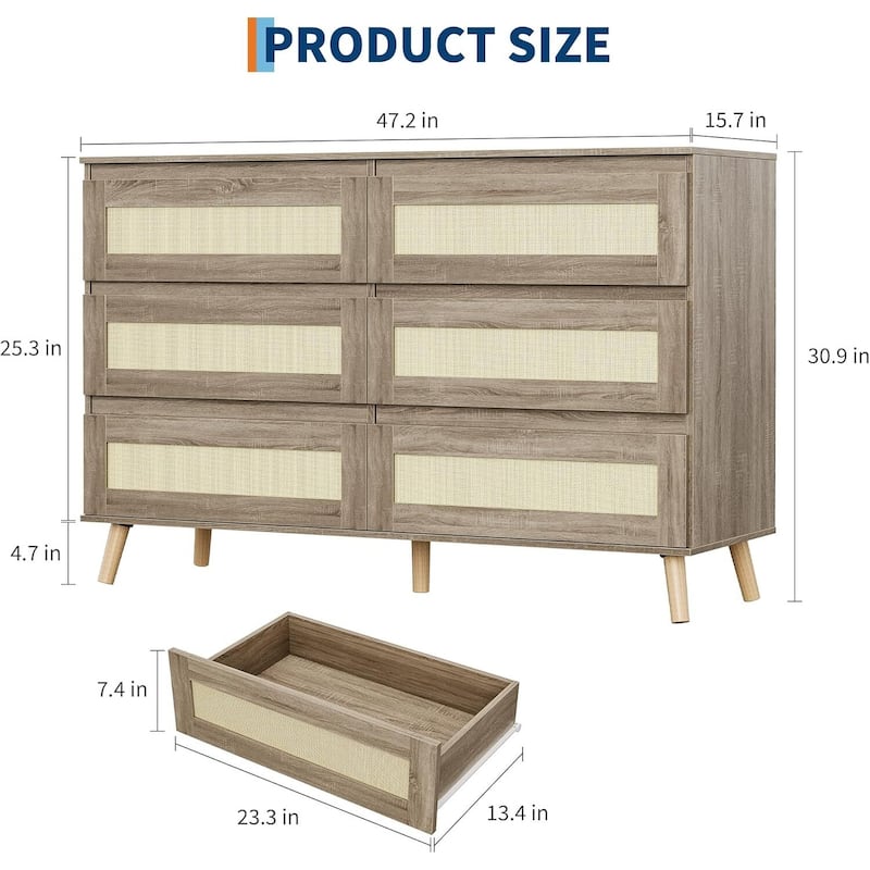 Boho 6 Drawers Wood Dressers TV Stand for Bedroom, Living Room, Hallway