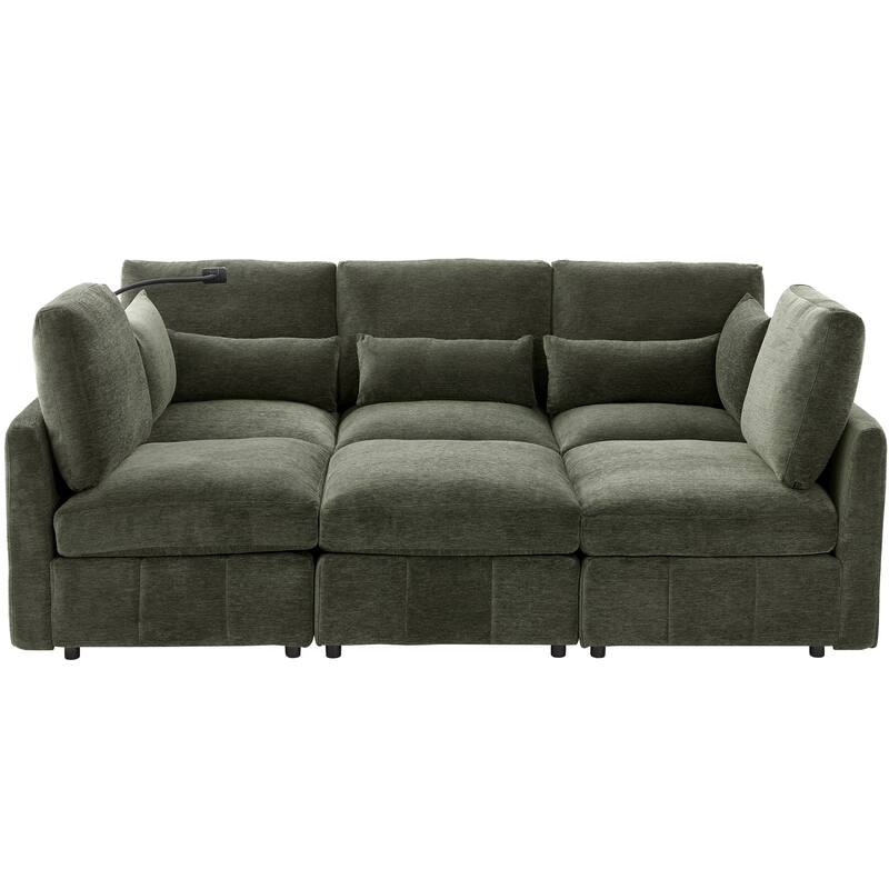 U Shaped Modular Sectional Sofa with Movable Ottoman, Chenille Upholstered 5-Seater Sofa with 2 USB Ports & Phone Holder