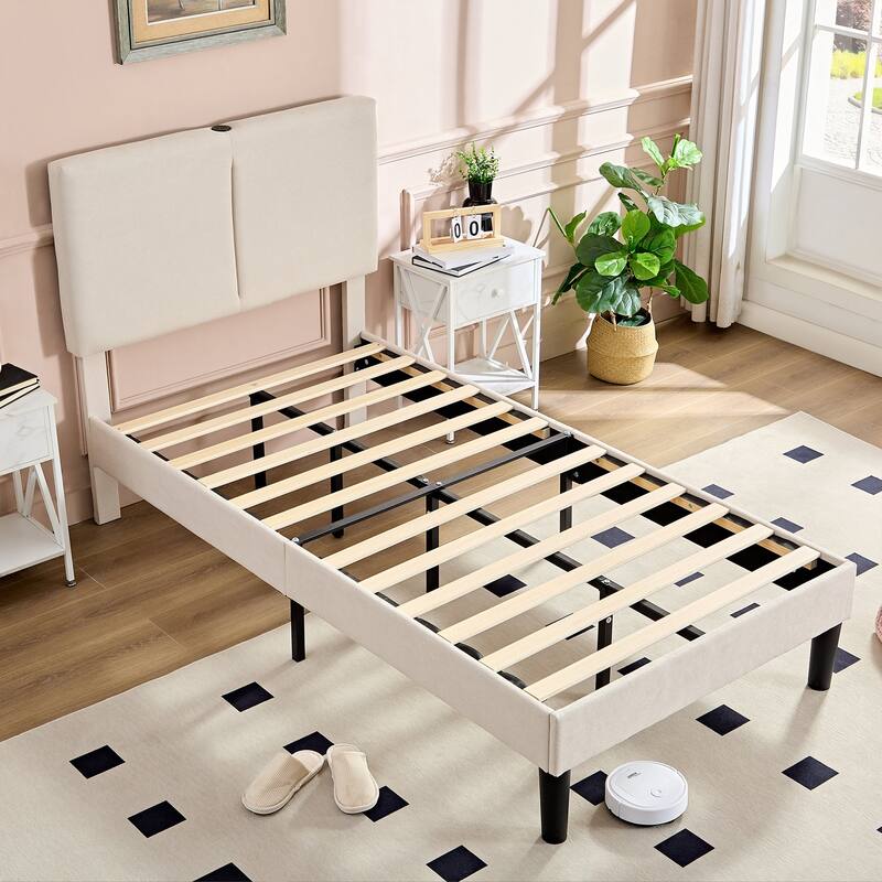 Javlergo Upholstered Platform Bed Frame with 2 USB Charging Station & Adjustable Headboard, Kids Bed Set of 2