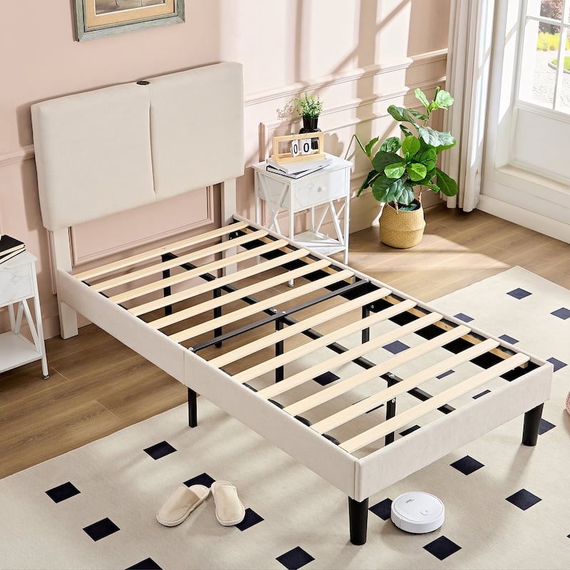 VECELO Adjustable Upholstered Split Headboard Bed Frame with Charging Station USB Port Type C No Box Spring Needed Noiseless Bed