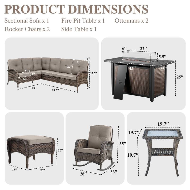Fire Pit Table with Sectional Sofa Rocker Chairs Ottomans