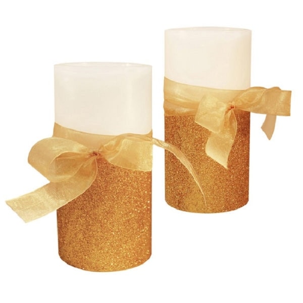 Set of 2 Gold Bow and Christmas Berry Battery Operated LED Flameless Pillar Candles 6" - N/A
