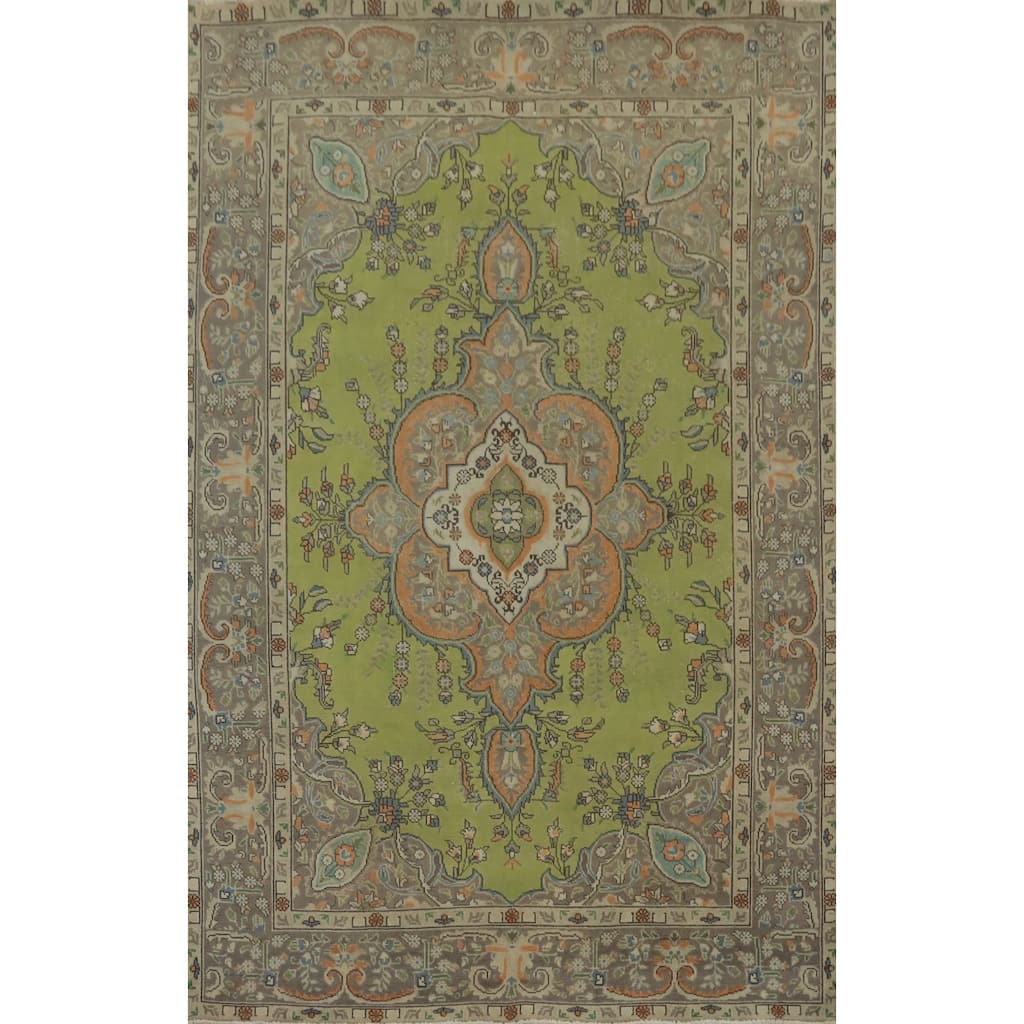Hand Knotted Oriental 100% Wool Carpet Traditional Floral Green Tabriz Area Rug - 9' 1'' X 6' 1''