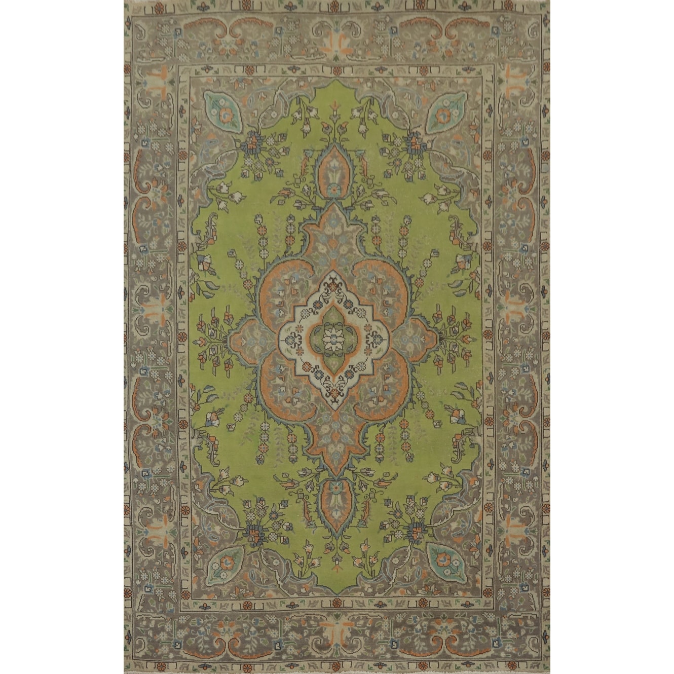 Hand Knotted Oriental 100% Wool Carpet Traditional Floral Green Tabriz Area Rug - 9' 1'' X 6' 1''