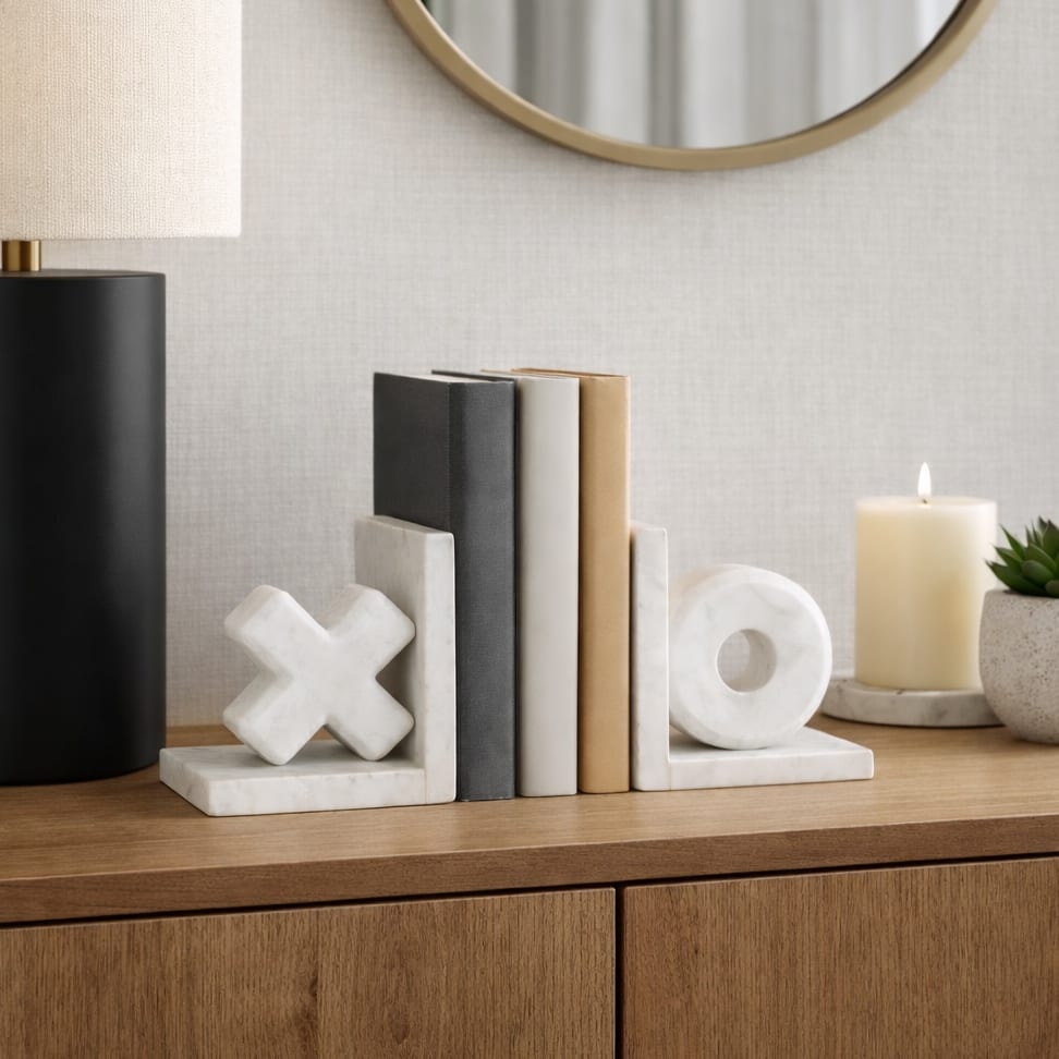 White Marble X & O Bookends - Set of 2, 5" - 4.75"