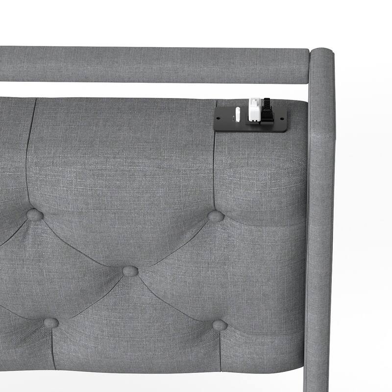 Queen Metal Platform Bed Frame - Grey, Storage Headboard with RGB LED & Charging Station