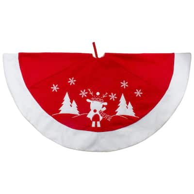 48" Red and White Winter Reindeer Embroidered Christmas Tree Skirt