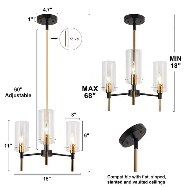 dimension image slide 0 of 2, Modern 3-Light Black Gold Chandelier Pendant Light with Glass Shades Kitchen Island Light for Dining Room