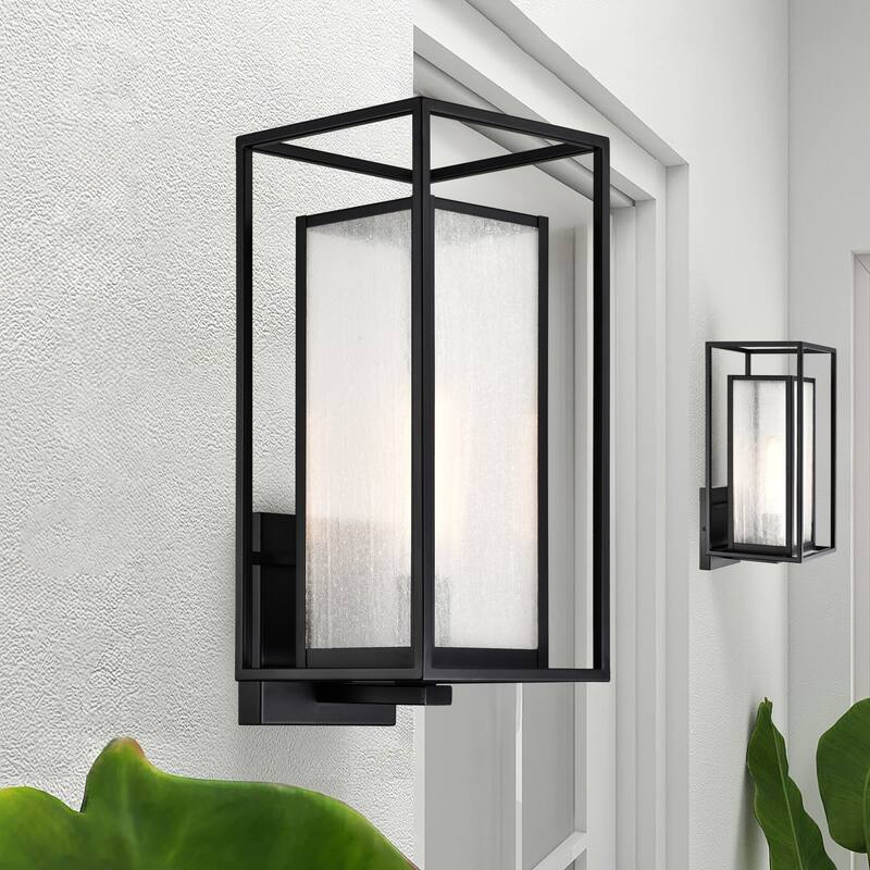1-Light Matte Black Finish Outdoor Wall Sconce with Seedy Glass Shade
