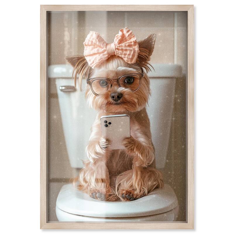 Cute Yorkie on the Toilet Shadowbox by Art Remedy - Natural - 20" x 30"