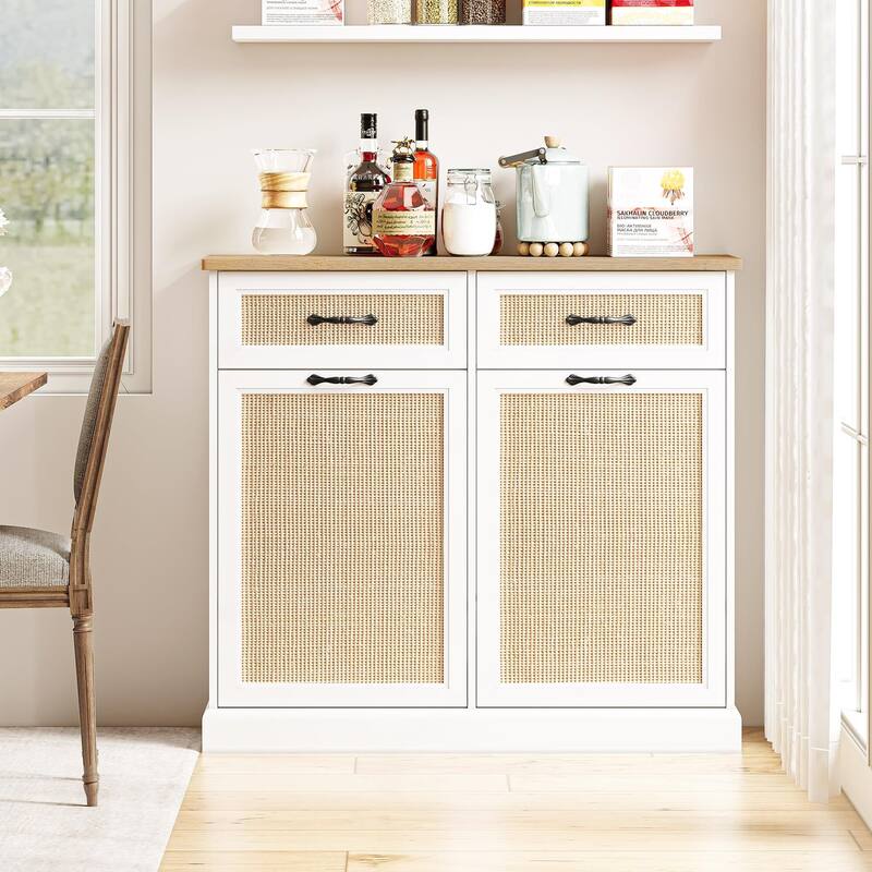 Tilt Out Trash Cabinet with Natural Rattan, Hidden Trash Can Cabinet 10 Gallon Trash Holder