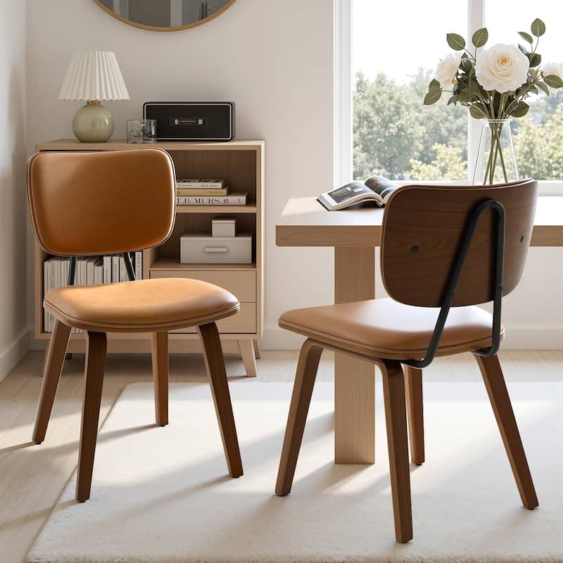 Faux Leather Upholstered Dining Chairs Set of 2/4 with Wood Legs - 32.3"H x 18.5"W x 21.8"D - Set of 2 - Brown-PU back