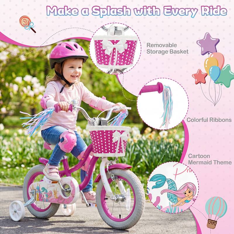 Gymax 12'' Kids Bike w/Training Wheels Hand Coaster Brakes Adjustable - Rose Red