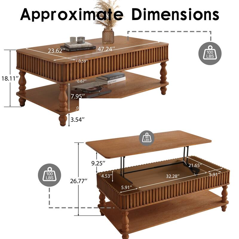 Rustic Style Lift-Top Coffee Table with Hidden & Open Storage