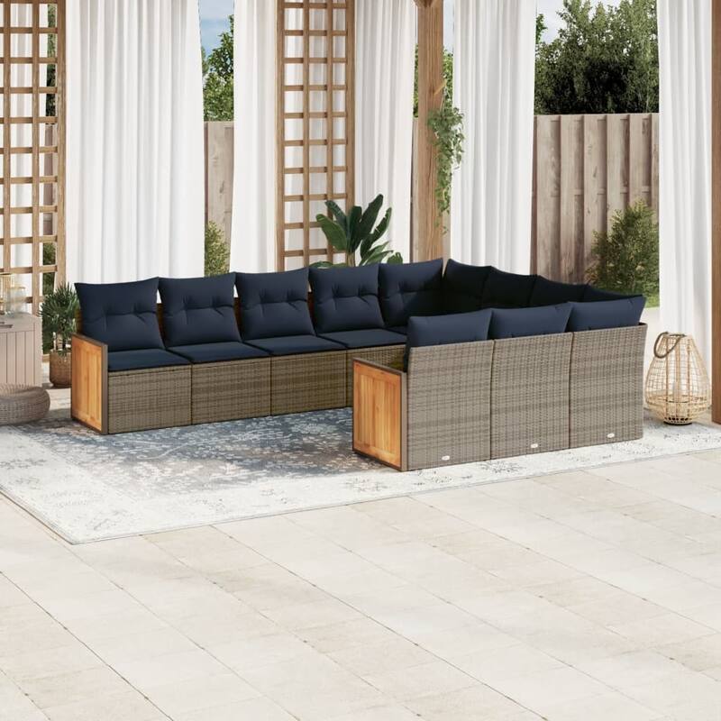 vidaXL 10/11 Piece Patio Sofa Set with Cushions Black/Gray Poly Rattan - 24.4 x 24.4 x 27.2 - Gray Without table