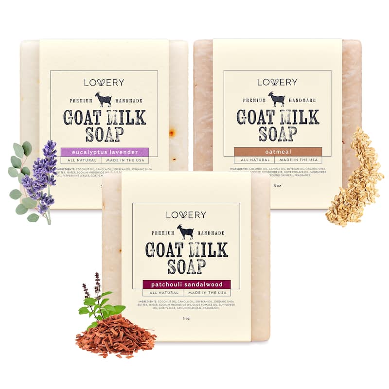 Lovery Handmade Goat Milk Soap Bars Made in USA with Shea Butter - Oatmeal, Eucalyptus Lavender, Patchouli Sandalwood - 3 Pack