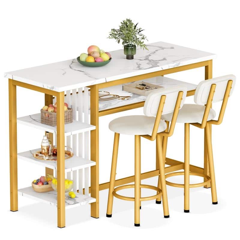 3-Piece Dining Room Table Set with 2 Upholstered Bar Stools, Modern Farmhouse Bar Table Set for 2 with Multiple Tier Shelves