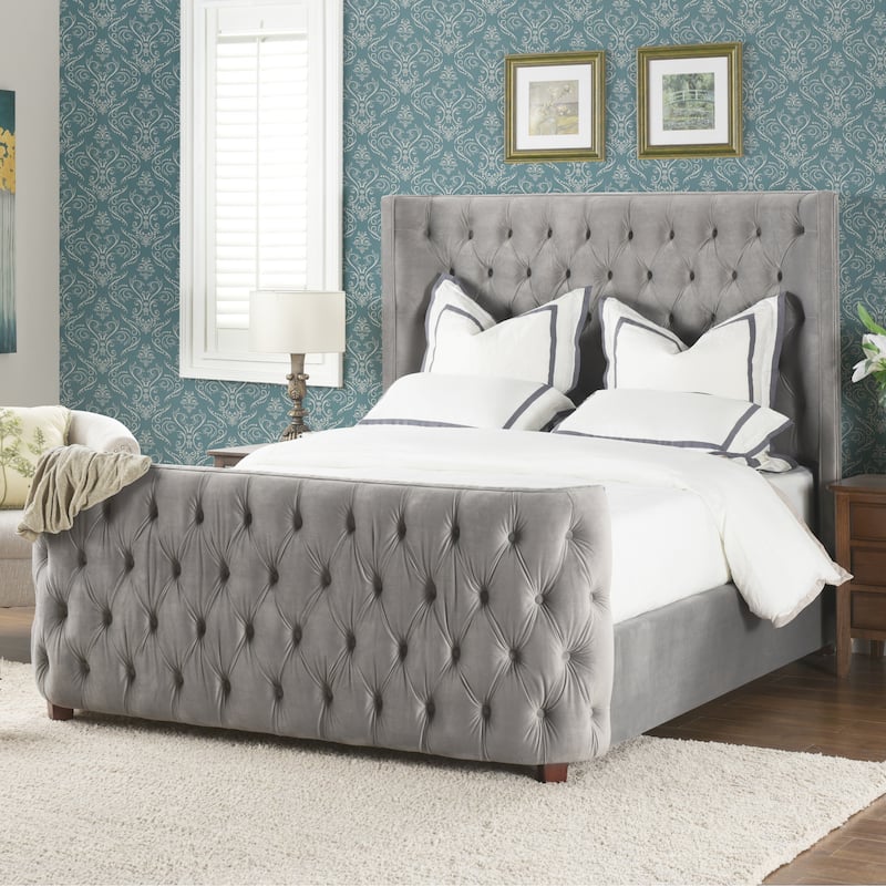 Chateau Velvet Upholstered Tufted Sheltered Panel Bed Set - Opal Grey Velvet - Queen