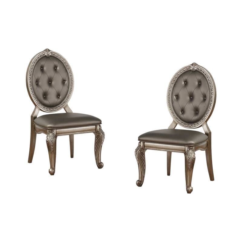 Set of 2 Champagne Tufted Faux Leather Dining Chairs with Solid Wood Legs for Kitchen or Dining