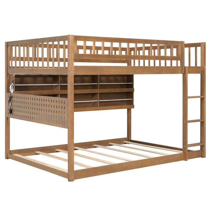 Full XL over Queen/Full over Full Bunk Bed with Integrated Shelving, Color-Changing Lights & Pegboard