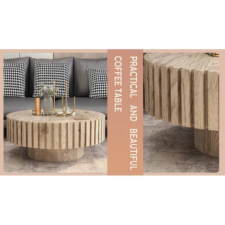 GDFStudio - Norwyn Minimalist Aesthetics Round Coffee Table with Sturdy Base and Handcrafted Relief Carving - 31.5"W