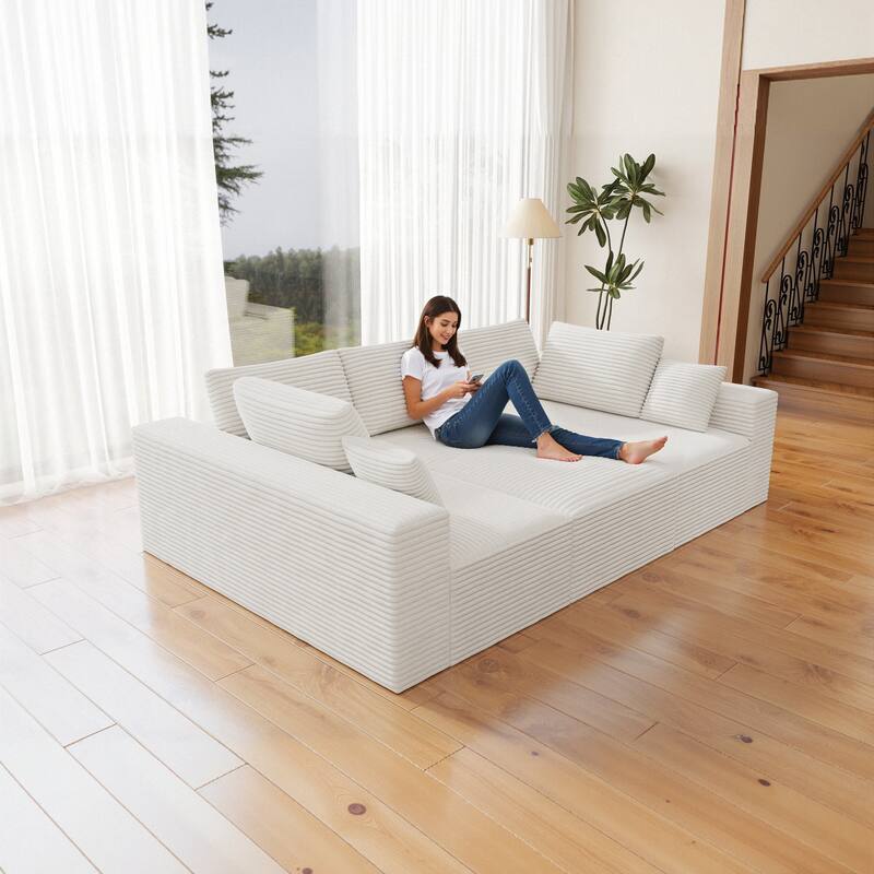 Roomfitters 98.4" Modular Sectional Sofa, 4-Piece Compressed Cloud Couch, No Assembly Required, Plush Corduroy, White
