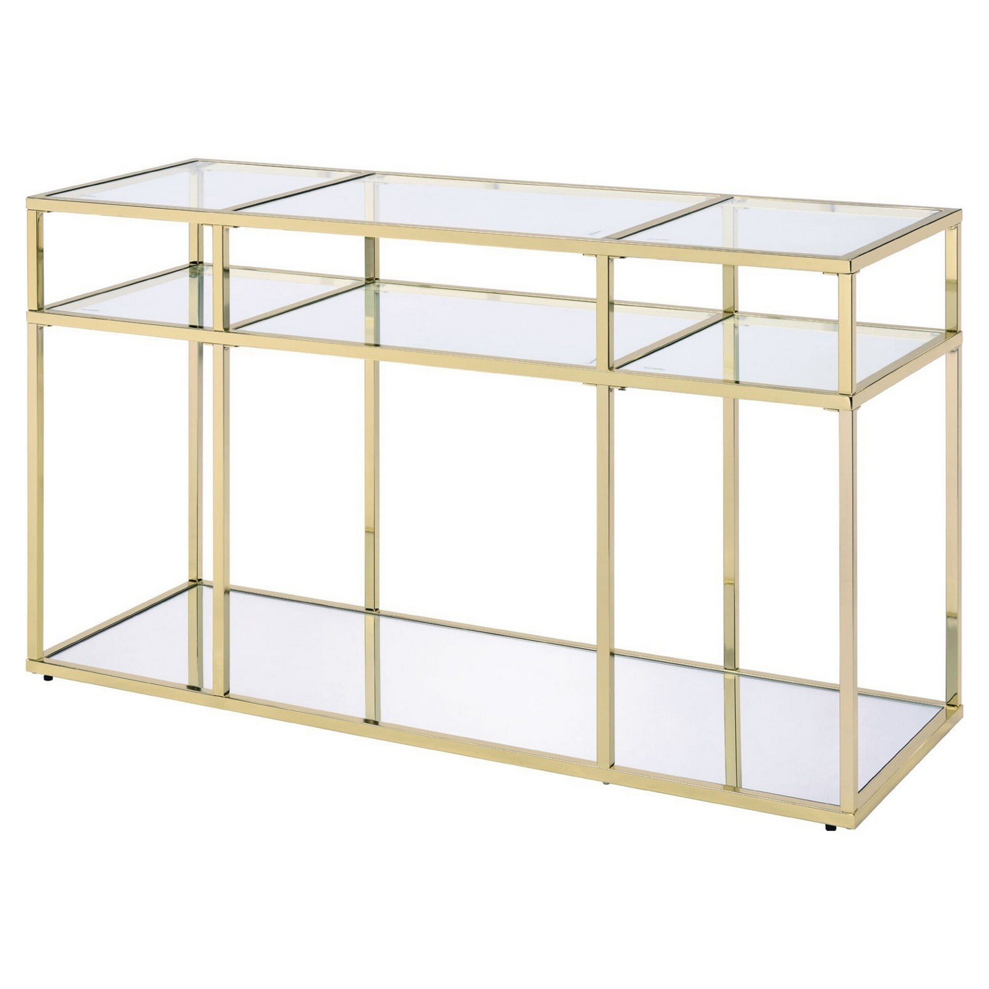 Benjara 3 Tier Sofa Table with Glass Shelves and Metal Frame, Gold