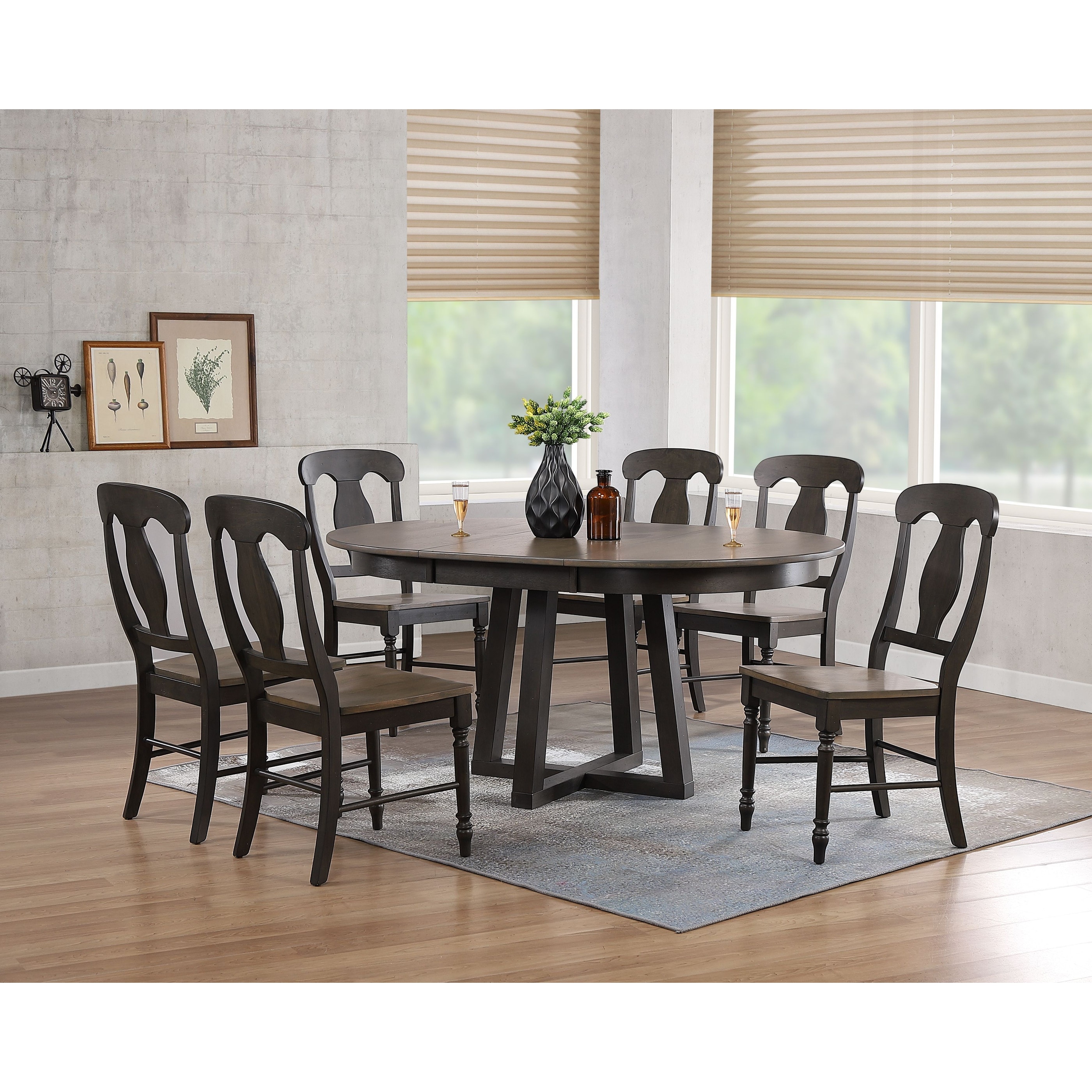 Coastal Haven Collection Antiqued Grey Napoleon Back 7-Piece Cross Pedestal Dining Set