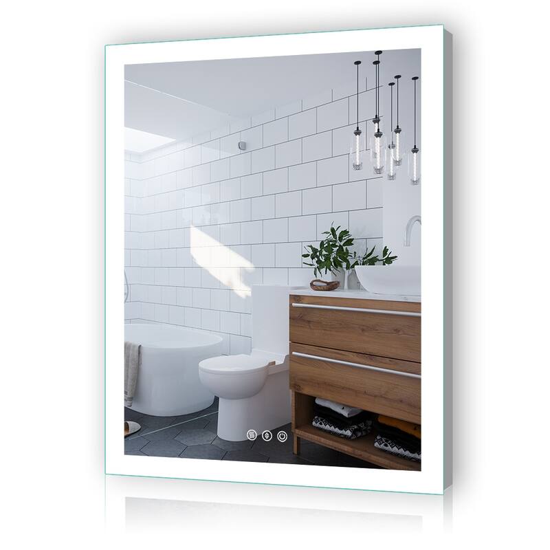 LED Bathroom Vanity Mirror Wall Mounted Dimmable Anti-Fog Mirror with 3 Buttons Vertical & Horizontal Hang