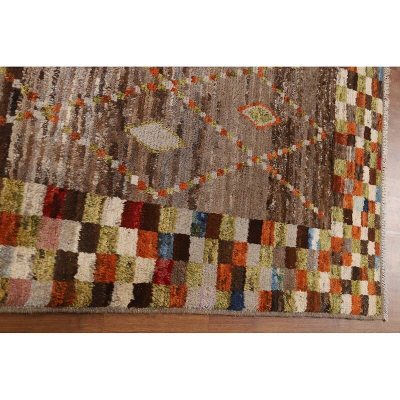 Hand Knotted Oriental 100% Wool Carpet Tribal Checkered Brown Moroccan Area Rug - 9' 10'' X 6' 10''